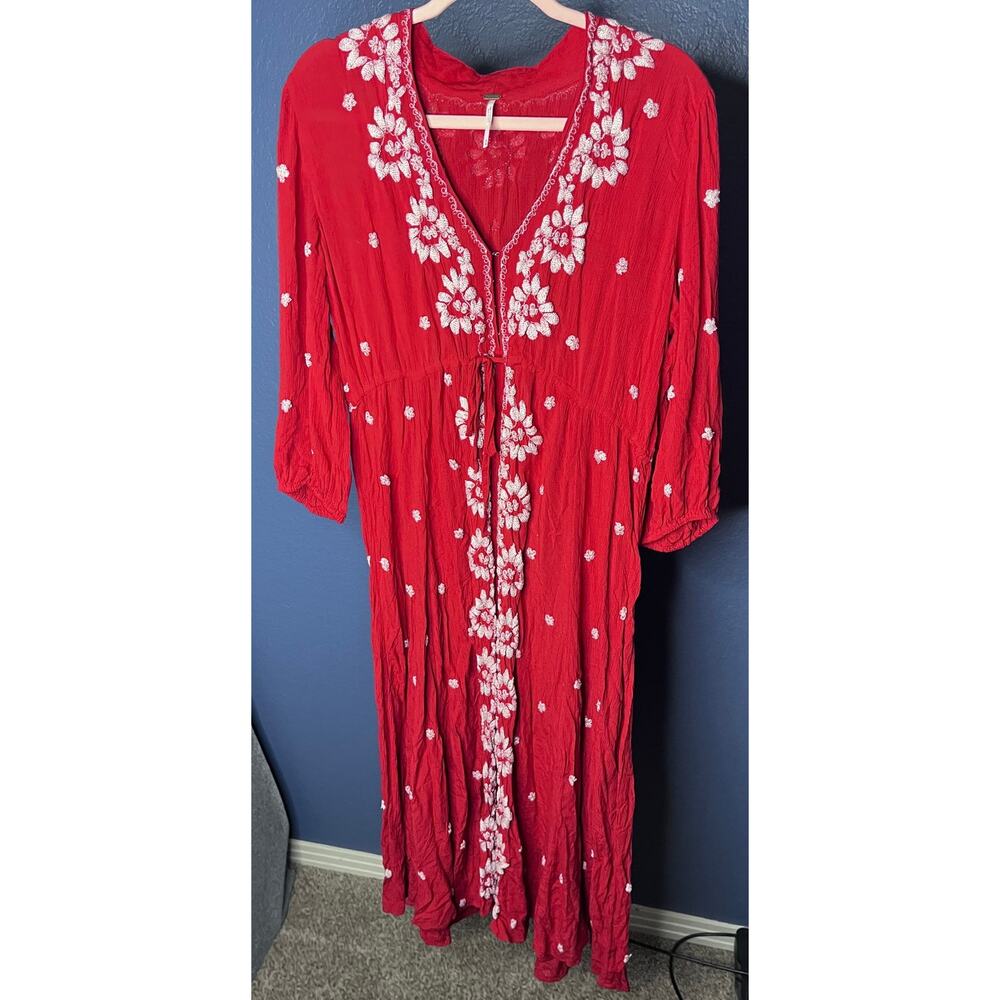 Free People Red Embroidered Boho Maxi Dress Long Sleeve Tie Front Size M - Picture 2 of 7